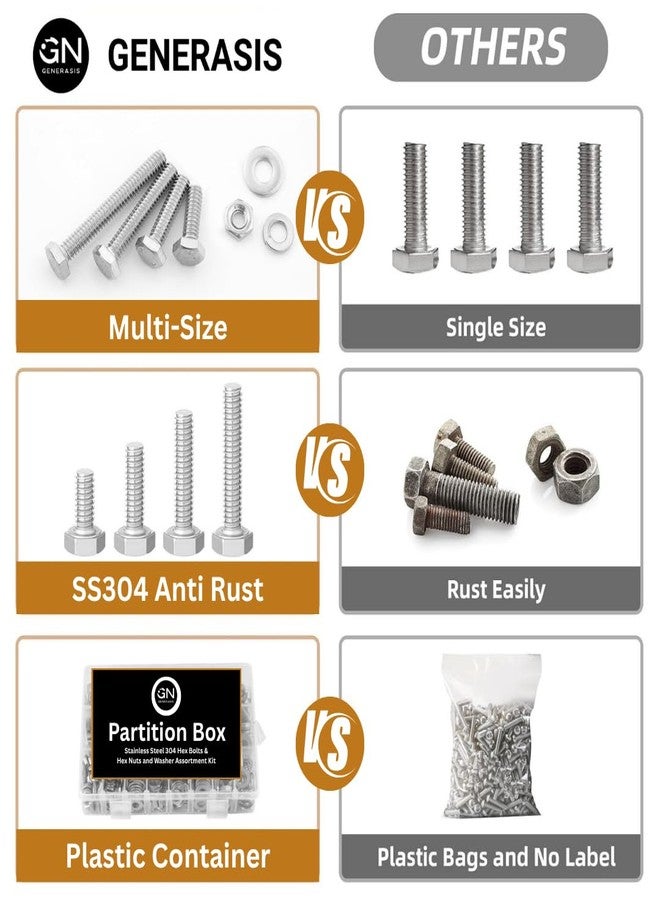 GENERASIS Hex Nut and Bolt Set (Metric Size M3 & M4 | 304 Stainless Steel Hex Bolts, Nuts & Washers Assortment Kit with Storage Box (280 Pieces Large Kit)) - Image 5